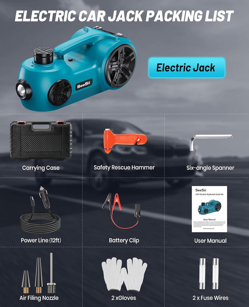 Seesii Hidraulikus Autóemelő 5T 3T 2T - 3 az 1-ben Elektromos 12V Emelő Gumiabroncs Pumpával és LED Világítással Autókhoz, SUV, MPV és Furgo