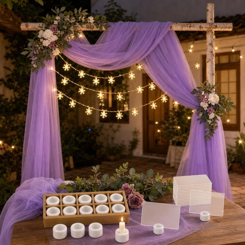 Ljubičasti vjenčani set: tila pozadina + LED lampice + 10x svijećnjak + 50x kartica za stol
