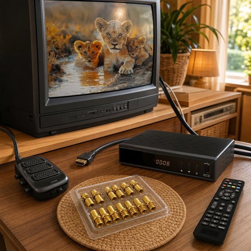 Retro TV paket: 3-portni SCART preklopnik + HD prijamnik + HDMI kabel + 8x F-konektor + 4x SAT adapter