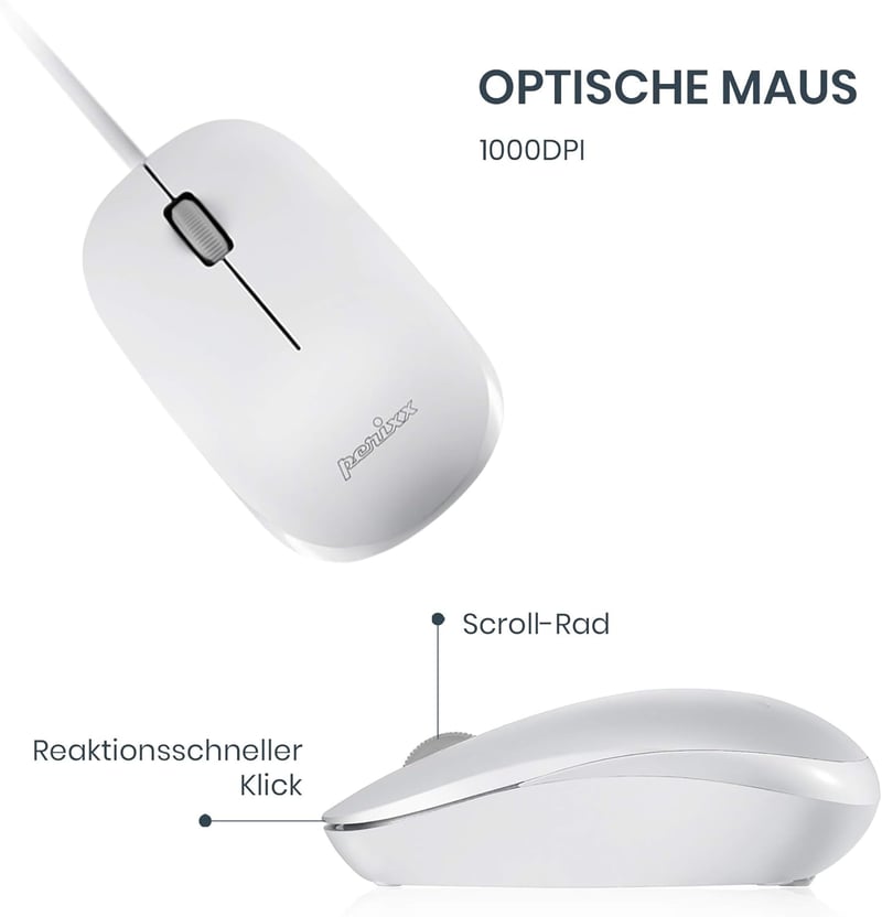 Perixx PERIDUO-212 Kompakt Mini Billentyűzet és Egér Szett, USB Kábeles, Német Kiosztás, Fehér, 1000 DPI, Windows Kompatibilis