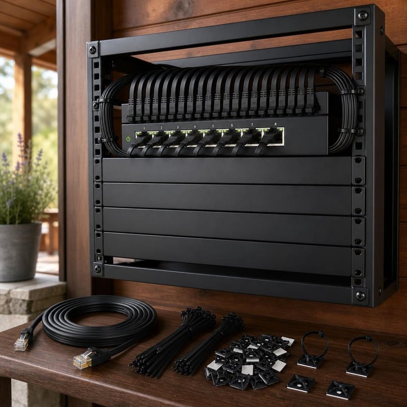 Rack organizacijski set: 2x CAT8 kabel + 6x slijepa ploča + 300x vezica + 8-portni gigabitni switch