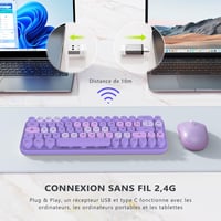 Retro lila AZERTY billentyűzet és egér szett - Vezeték nélküli, kompakt, csendes, USB/Type-C 5