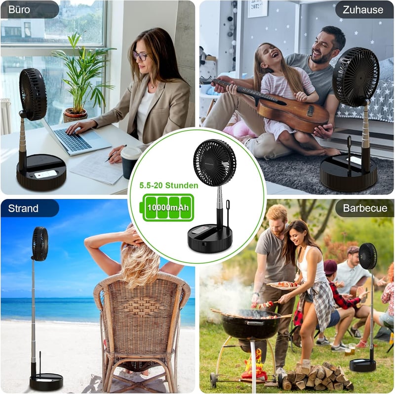 BENGUOO Hordozható USB Asztali Ventilátor - 10000mAh Akkus, Oszcilláló, Távirányítós, Fekete