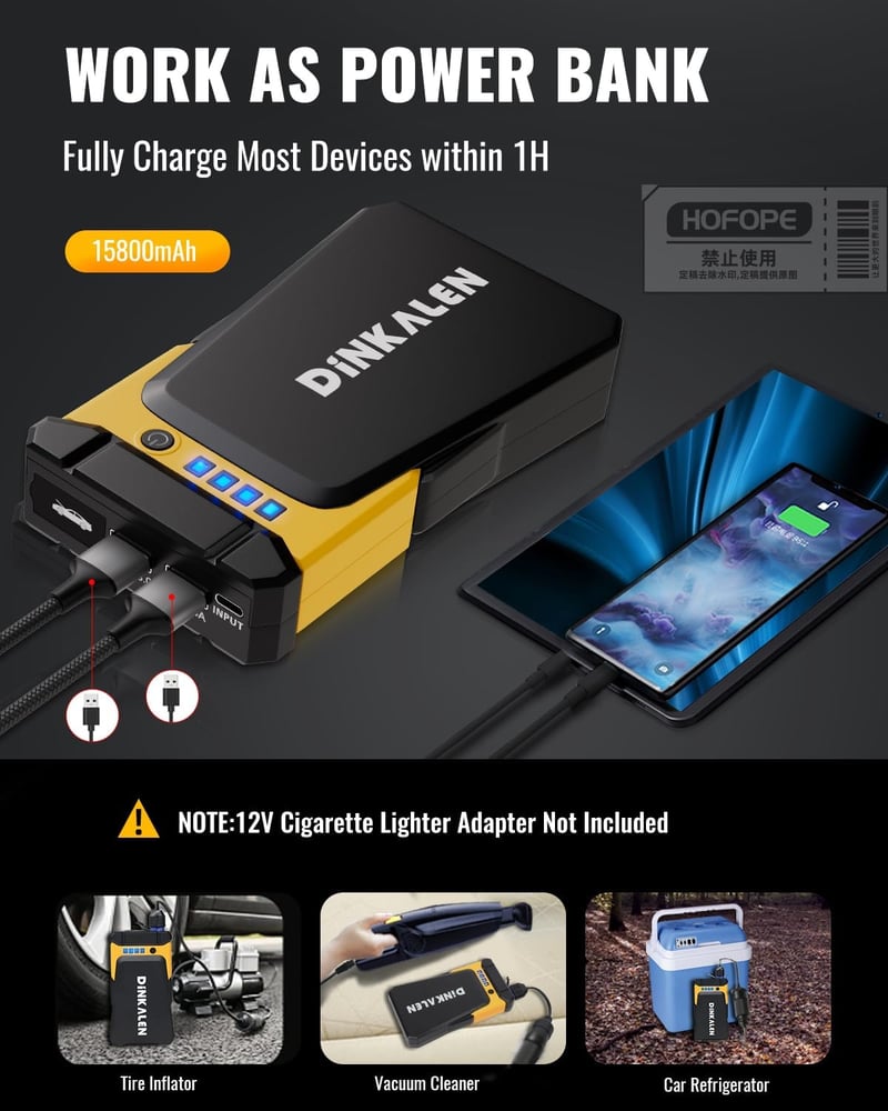 DINKALEN 1200A Autós Bikázó, 15800mAh, LED Lámpával, 8.0L Benzin/6.5L Dízel