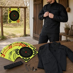 Reflexný strelecký set: 50x terč + čierna XXL uniforma + 20 mm montážna lišta