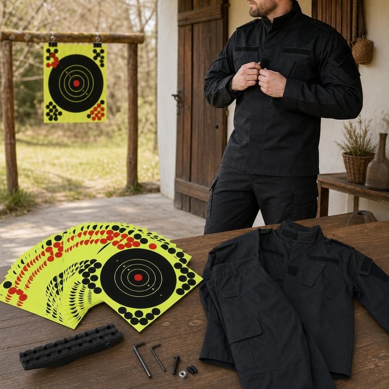 Set tactic complet: 50 ținte + costum tactic XXL negru + șină montaj 20mm