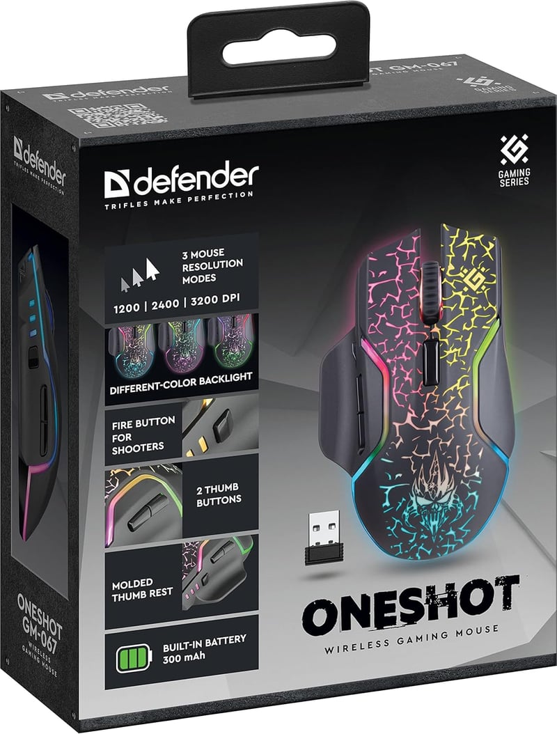 Defender Oneshot vezeték nélküli RGB gamer egér, 3200 DPI, 240 órás akkumulátor, fekete