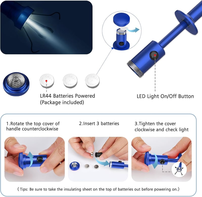 Housolution Clește Magnetic cu Patru Gheare - Cu Mâner Flexibil și Lumină LED, Instrument Flexibil de Extindere Lungă pentru Gunoi, Chiuvetă și Sifoane
