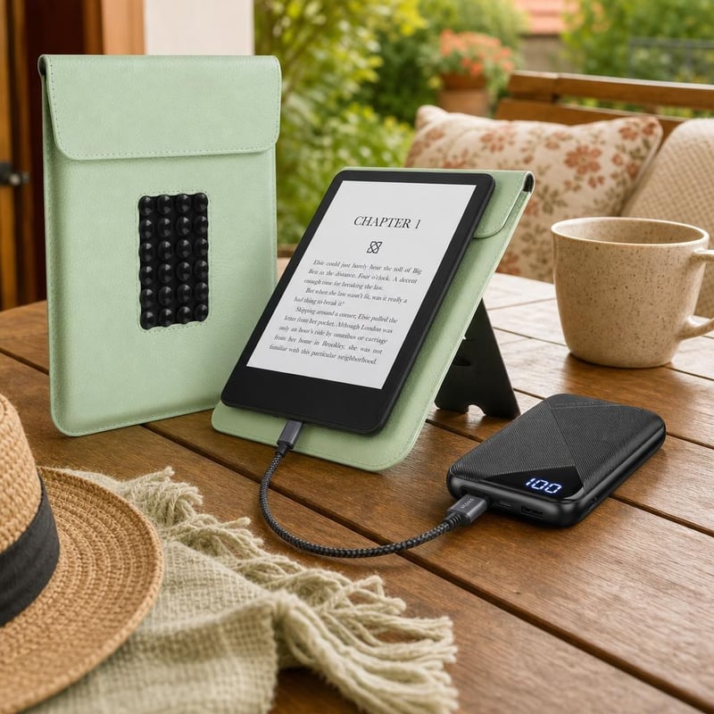 Spoločník pre čitateľov: Obal na Kindle so stojanom + 10 000 mAh powerbanka + USB-C kábel