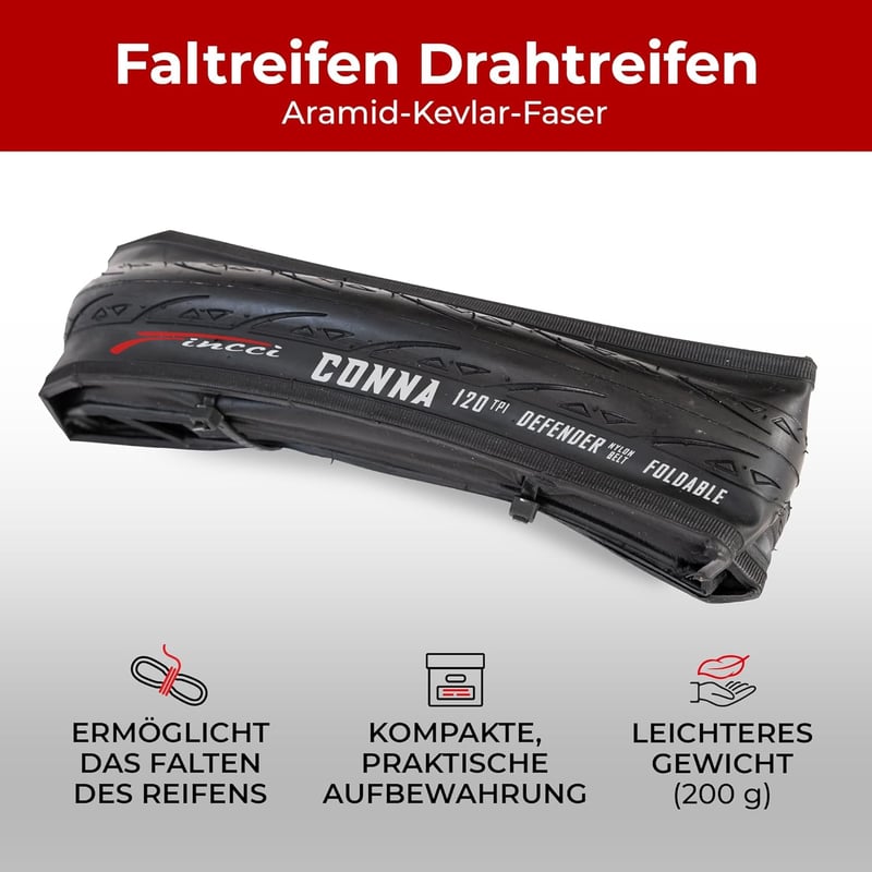 Fincci Összehajtható Országúti Kerékpár Gumi 700x25c - 28" Defektvédelemmel, 120 TPI, Verseny, Gravel, E-Bike és Túrakerékpár Abroncs Szett