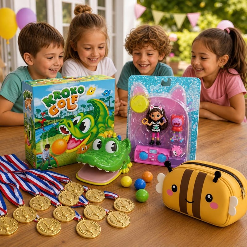 Párty balík: 12x zlatá medaila + Kroko golf + Karaoke set + Včielkový peračník