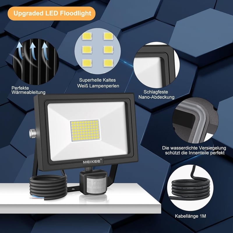 MEIKEE 50W LED Reflektor Mozgásérzékelővel - 4700LM, 6500K, IP66 Vízálló Kültéri Lámpa Kerthez, Garázshoz, 360° Forgatható Fejjel, Fekete - 50.0 Watt