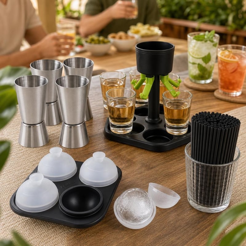 Set za kućni koktel bar: 4x jigger + 6x čaša za shot + kalup za led + 300x miješalica