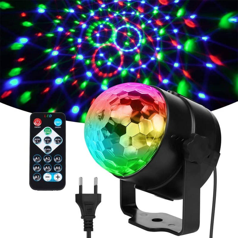 URAQT Disco Fény, 360° Forgó Parti Lámpa, 7 RGB Színnel, Hangvezérelt, Távirányítóval - Diszkó Világítás KTV, DJ, Buli, Bár, Otthoni Használ