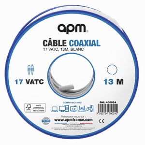 Cablu coaxial APM 17 VATC, 13 m, alb, ecranare HF/VHF/UHF, compatibil cu TV, satelit, TNT și antenă parabolică, 408024 — set de 13 bucăți