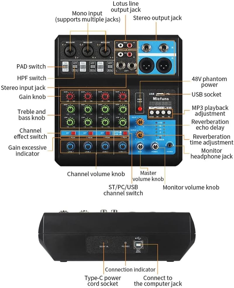 micfuns M-5 Mini DJ Keverőpult 5 Csatornás Hangkeverő Bluetooth USB MP3 Funkcióval, 48V Fantomtáp, Stúdió Felvételhez, Élő Közvetítéshez