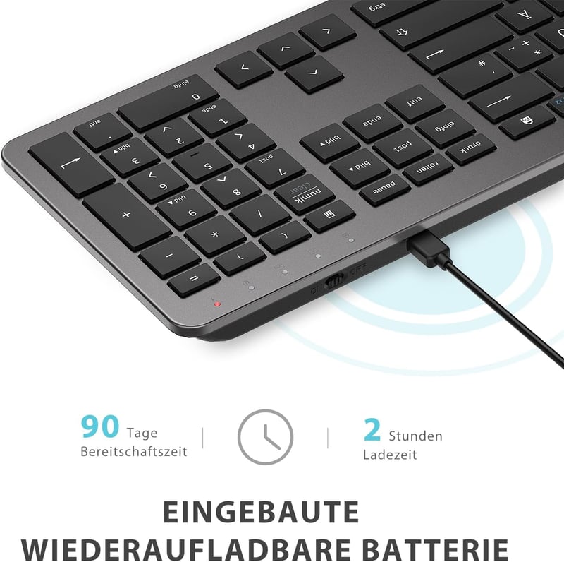 iClever Vezeték Nélküli Billentyűzet és Egér Szett - Újratölthető, Ultravékony, Csendes, QWERTZ Kiosztású PC/Laptop Billentyűzet, Szürke - grey
