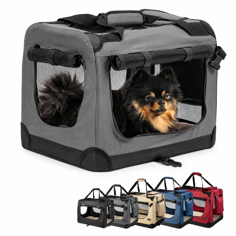 Skladací prepravný box pre psov lionto na cesty a do auta, 50x34x36 cm, sivý, bez deky — Chýbajúca deka (stav: pozri 2. obrázok)