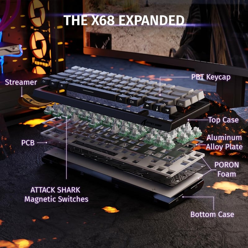 ATTACK SHARK X68 HE 8000Hz Gyors Mechanikus Gamer Billentyűzet, 0.01mm Pontosság, RGB Háttérvilágítás, Mágneses Kapcsolók, 60% Kompakt, PC/M