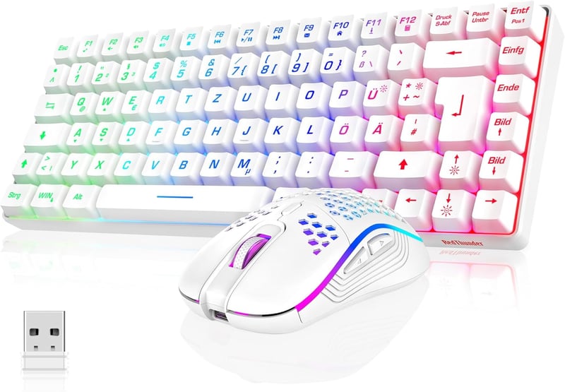 RedThunder 75% Vezeték Nélküli Gamer Billentyűzet és Egér Szett, QWERTZ DE Kiosztás, TKL Kompakt Mini Billentyűzet, 7200DPI Méhsejt Egér, PC - White
