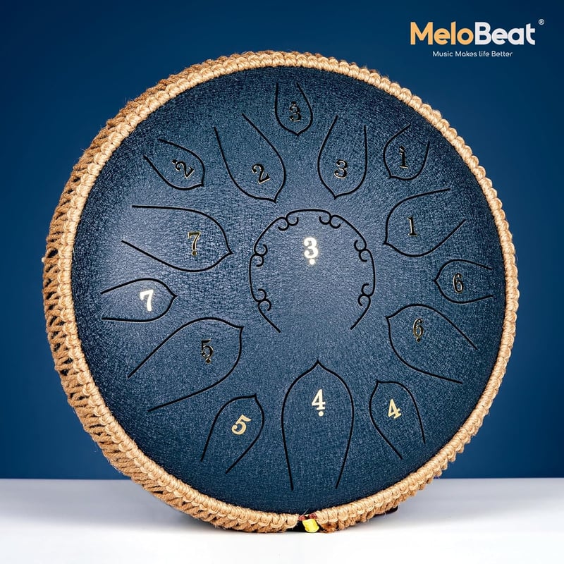 MeloBeat Tongue Drum 12" - 15 Hangú Professzionális Acél Handpan D-dúrban, Dalkönyvvel, Ütőkkel és Hordtáskával (Sötétkék)