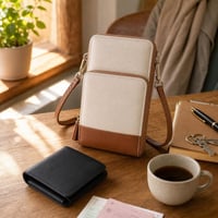 Set accesorii din piele: geantă telefon cu portcard + portofel cu buzunar monede 1