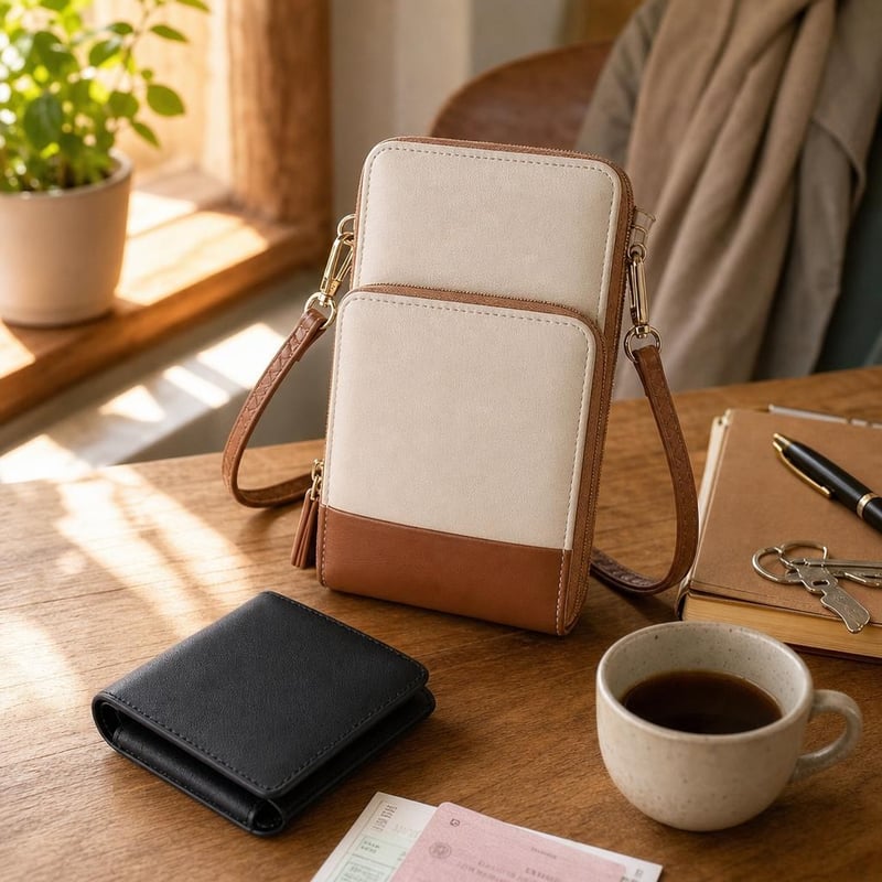 Set accesorii din piele: geantă telefon cu portcard + portofel cu buzunar monede