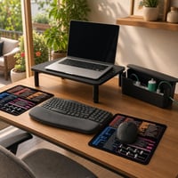 Munkasarok rendcsomag: vezeték nélküli egér + billentyűzet + 2 db egérpad + laptopállvány + kábelrendező 1