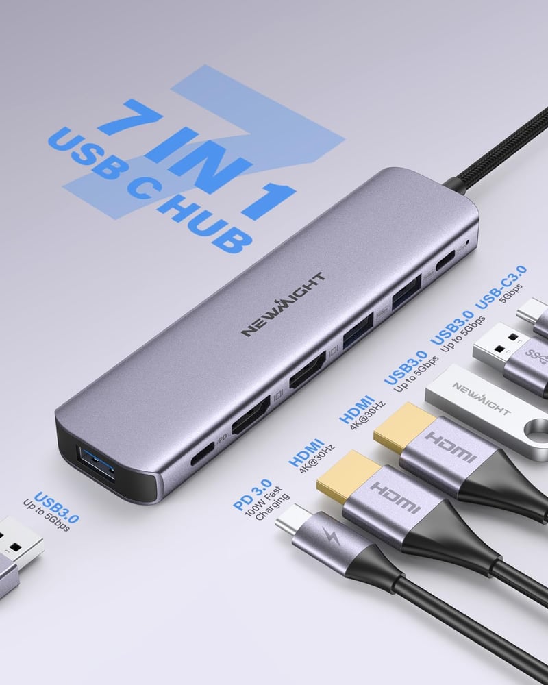 Newmight 7 az 1-ben USB-C Dokkoló Állomás Kettős Monitor Támogatással - 2 HDMI, 3 USB 3.0, 100W PD - Dell, HP, iPhone 15 Kompatibilis