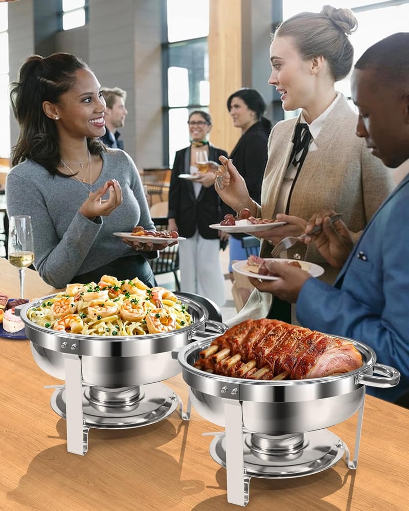 WENMILY Rozsdamentes Acél Ételmelegítő Szett 5L - 2 db Kerek Ezüst Chafing Dish Tálalóedény Gördülő Élekkel - Partikra, Büfékre, Rendezvénye