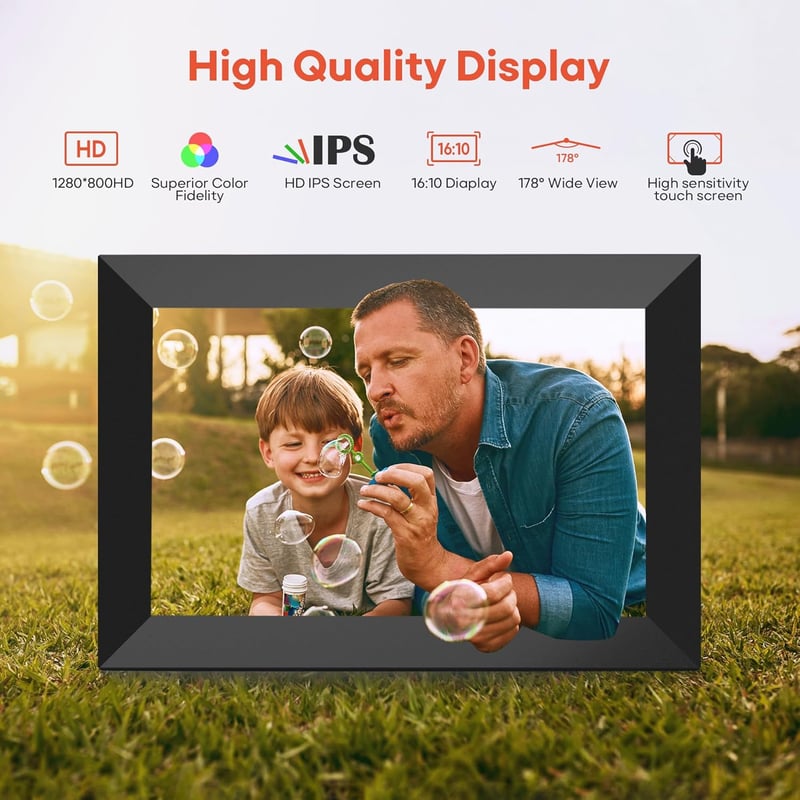 BIGASUO Frameo 10.1" WiFi Digitális Képkeret - HD IPS Érintőképernyő, 32GB Memória, Automatikus Forgatás, Fali Rögzítés, Azonnali Fotómegosz