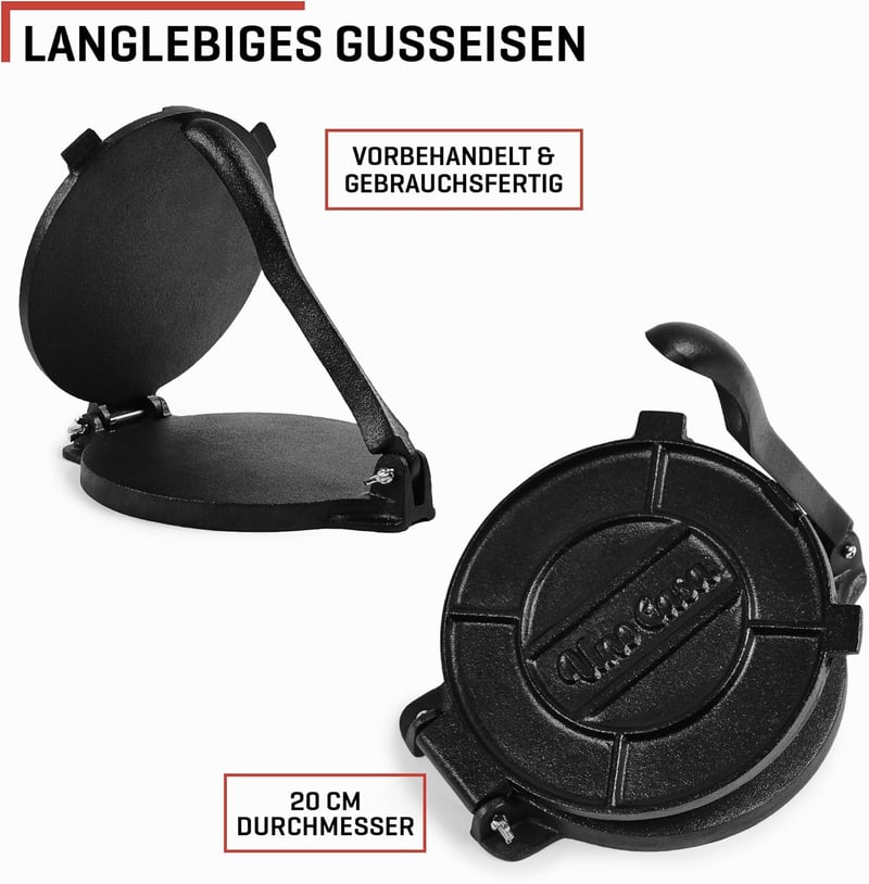 Uno Casa 20 cm-es Mexikói Tortillaprés - Előkezelt Öntöttvas Taco és Quesadilla Készítő 100 db Sütőpapírral