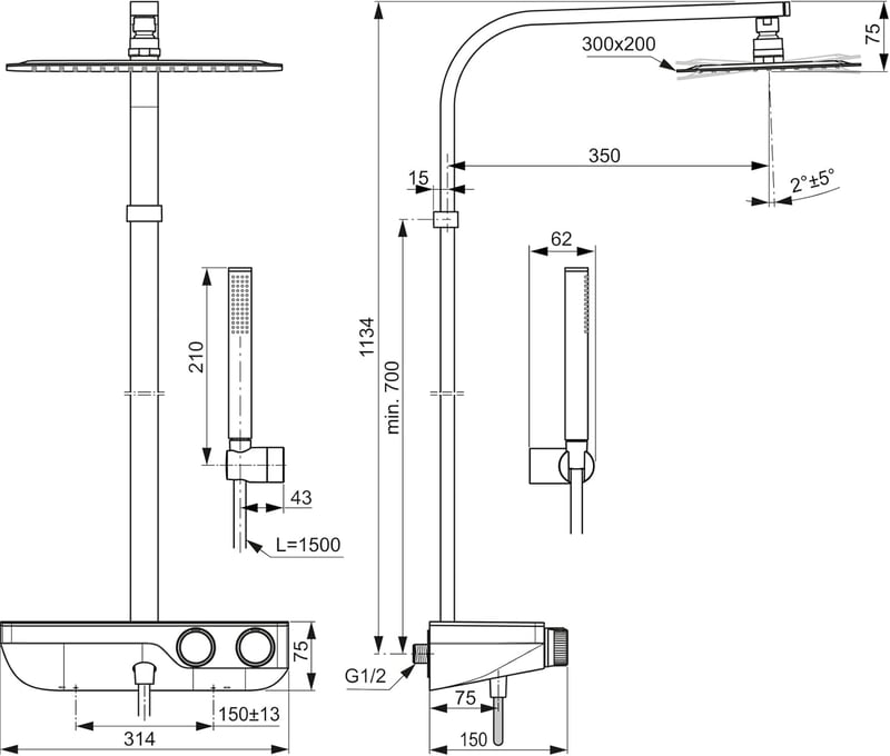 Ideal Standard Ceratherm S200 A7332AA Felszerelhető Zuhanyszett - Króm Kivitel, Sárgaréz Anyag, Fali Rögzítésű Zuhanyrendszer
