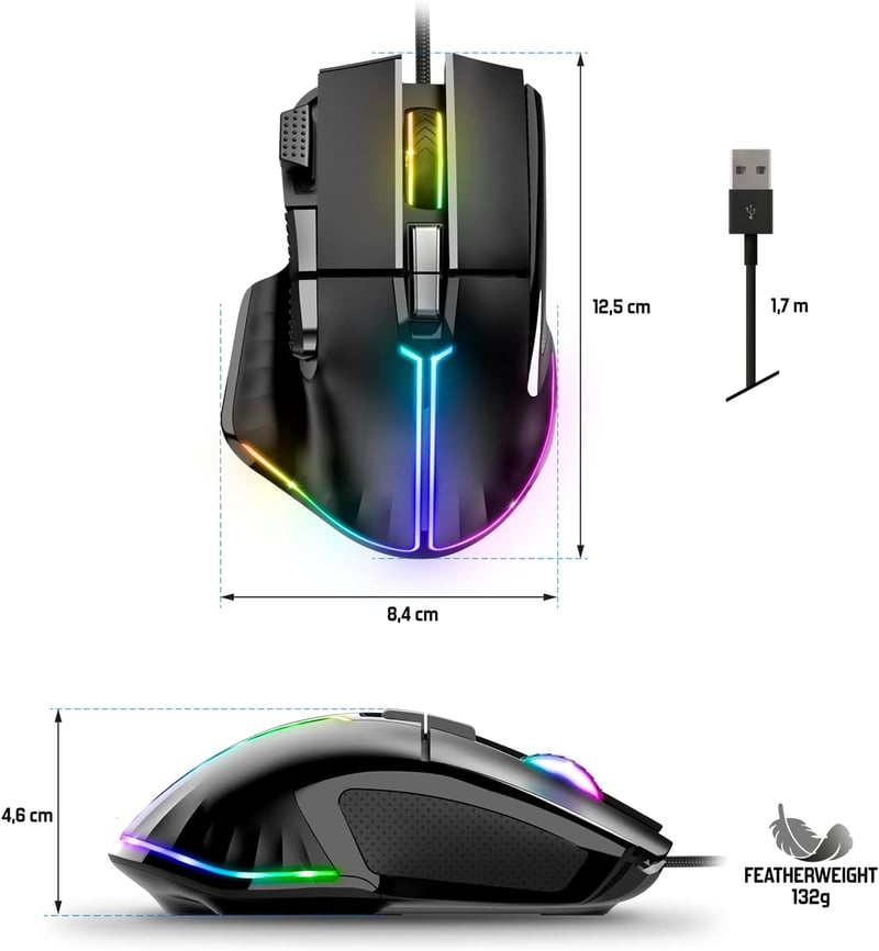 SPIRIT OF GAMER PRO M5 RGB Gamer Egér 12800 DPI, 8 Programozható Gomb, Gyorstüzelés Funkcióval, 13 RGB Háttérvilágítási Effekt, Ergonomikus 