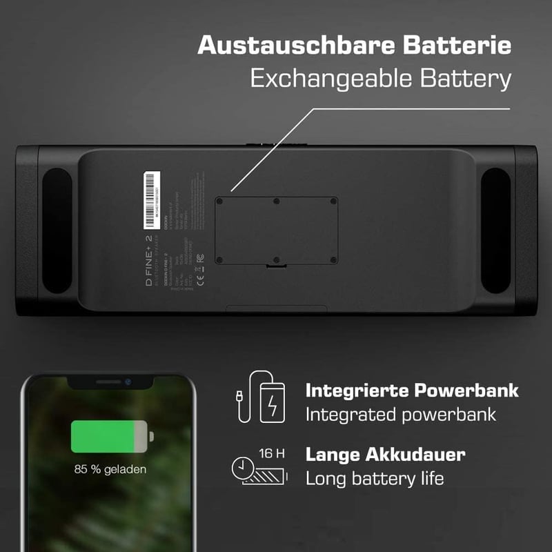 DOCKIN D FINE+ 2 Bluetooth Hangszóró, 50W, IPX5 Vízálló, 16 Órás Üzemidő, Powerbank Funkcióval, 3 DSP Hangszínszabályzóval, Fekete
