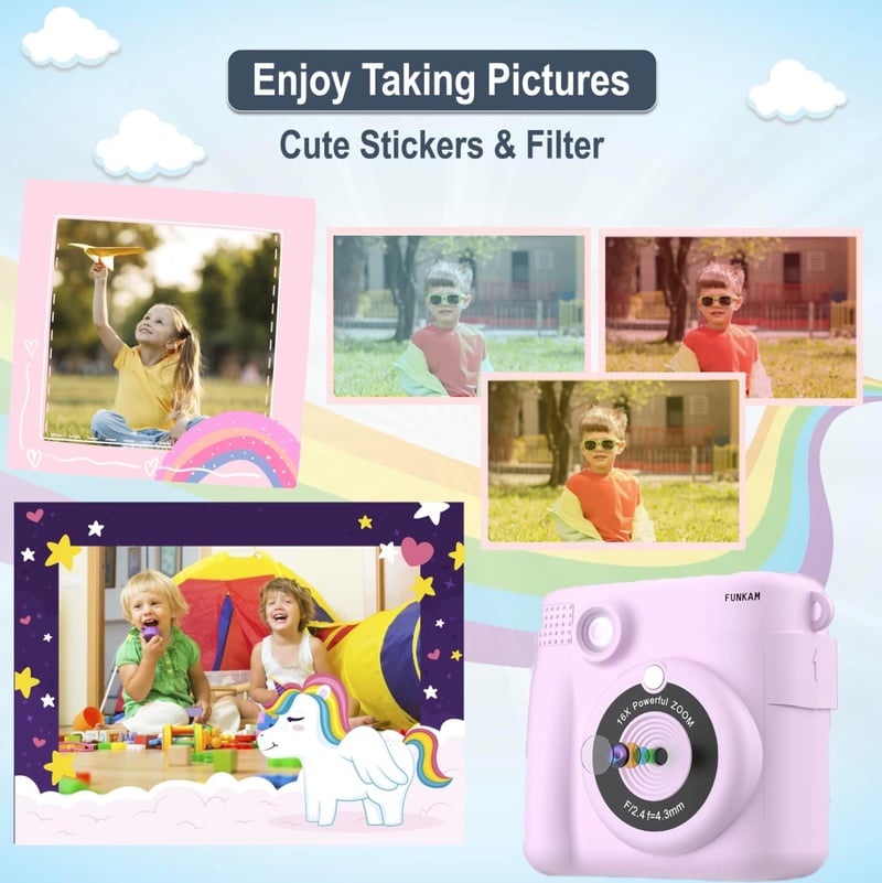 FUNKAM Gyerek Instant Fényképezőgép 1080P, 2,4" Kijelző, Nyomtatópapírral és 32GB Kártyával, 3-12 Éveseknek