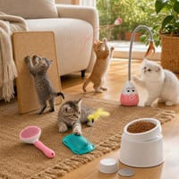 Početni set za mačiće: električna igračka + igračka s perjem + sisal grebalica + povišena zdjelica + četka 1