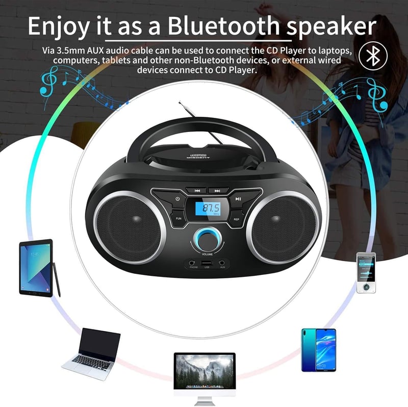 Hordozható Bluetooth CD-rádió USB-vel és AUX bemenettel - Fekete