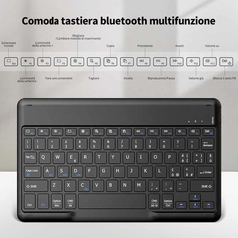 EasyAcc Bluetooth billentyűzet Windows/Android/iOS-hez, olasz kiosztás, 80cm USB-C kábel, fekete