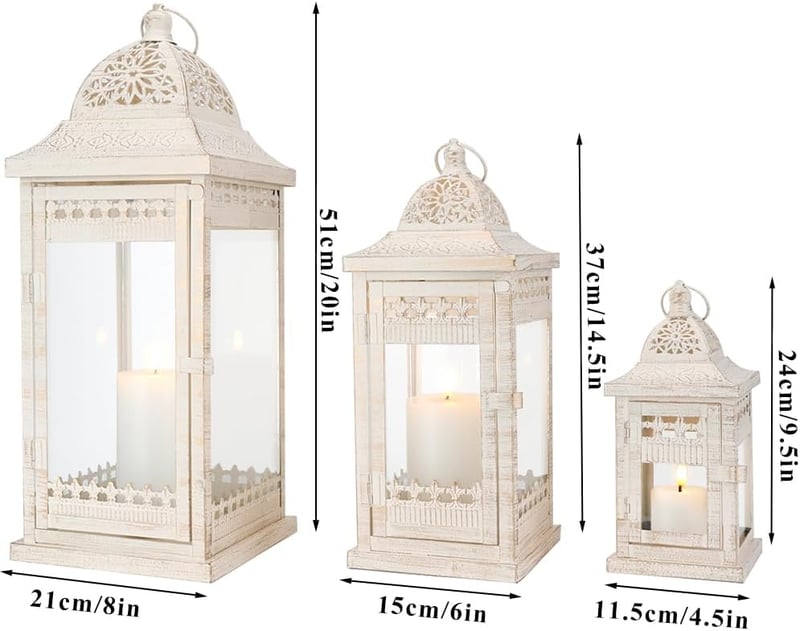 JHY DESIGN 3 db-os Gyertyalámpás Szett - 51/37/24 cm Fém Függő Lámpások Üvegbetéttel - Krémfehér Kerti Gyertyatartó Beltéri/Kültéri Dekoráci