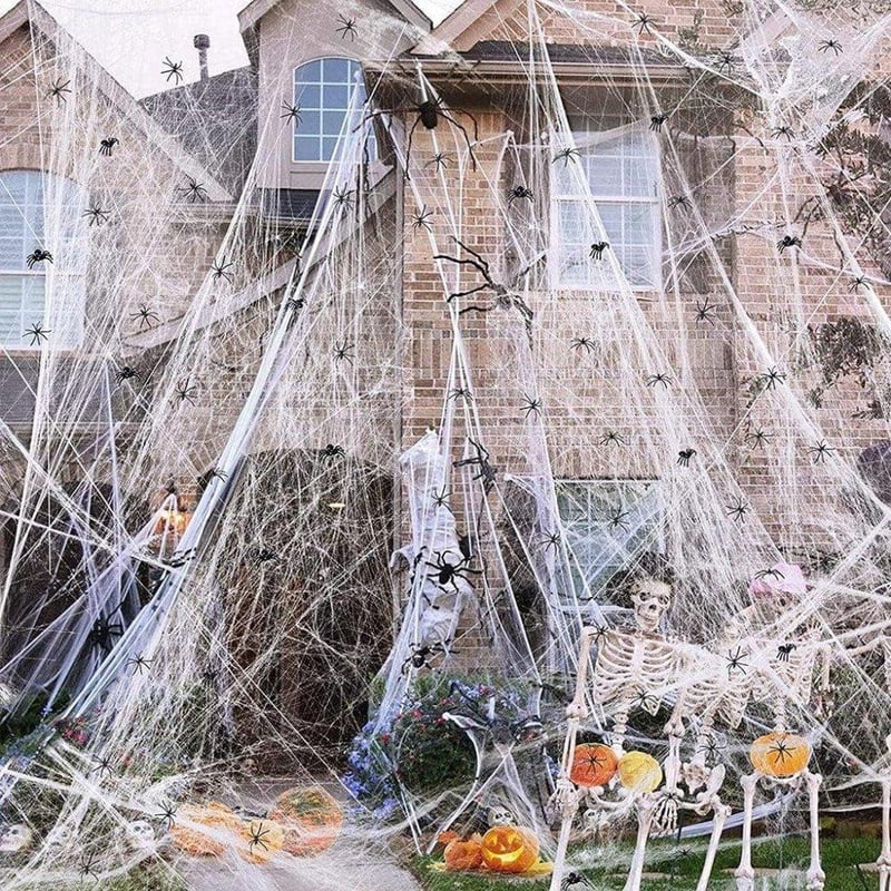 Halloween Pókháló Szett 120g Nyújtható Hálóval és 24 Műpókkal - Ijesztő Dekoráció