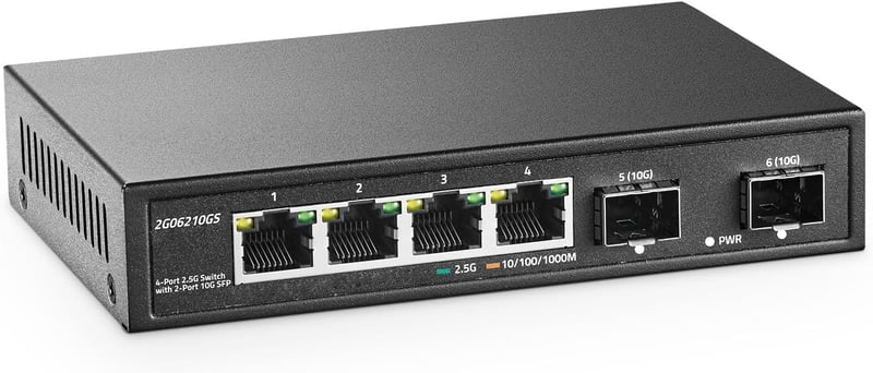 YuLinca 4 portos 2.5G hálózati switch 10G SFP-vel, ventilátor nélküli fém asztali Ethernet switch