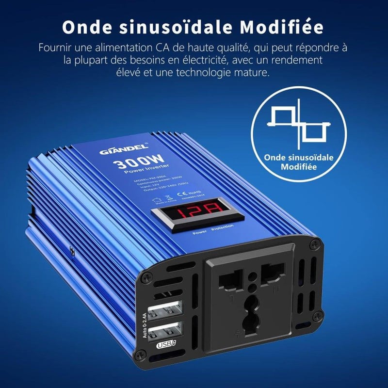 GIANDEL 300W Szivargyújtós Inverter LED Kijelzővel, USB-vel - 12V/220V Autós Áramátalakító