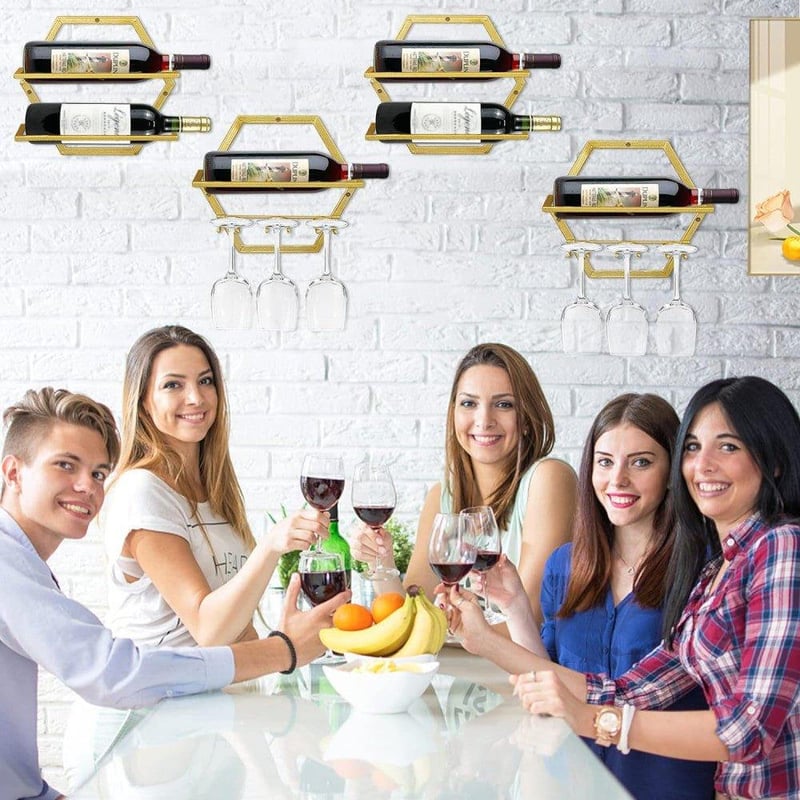 Arany Fali Borospohár Tartó Szett - 3 Pohár, 1 Palack, Modern Dizájn