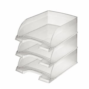 Tăviță pentru documente Leitz Plus Jumbo A4, transparentă, organizator de birou suprapozabil, capacitate extra mare, 3 bucăți (1 bucată crăpată)
