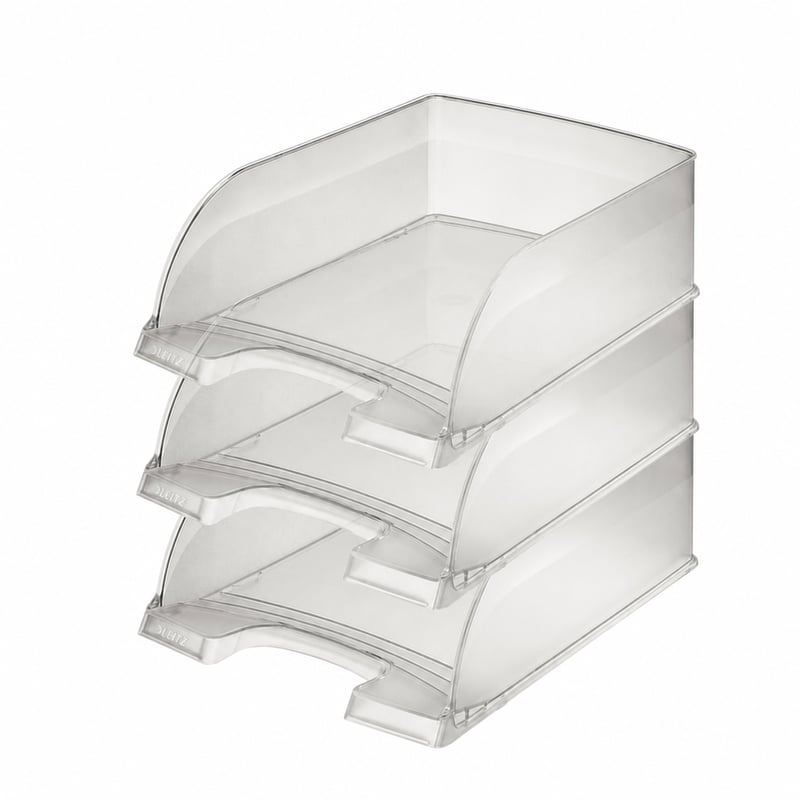 Tăviță pentru documente Leitz Plus Jumbo A4, transparentă, organizator de birou suprapozabil, capacitate extra mare, 3 bucăți (1 bucată crăpată)