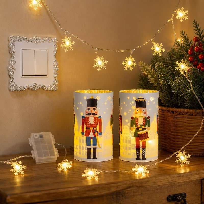 Vianočný balíček Luskáčik: 2x LED lampa + svetelná reťaz snehové vločky + 2x kryt na vypínač