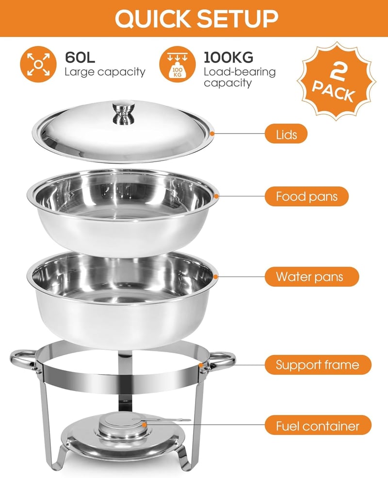 WENMILY Rozsdamentes Acél Ételmelegítő Szett 5L - 2 db Kerek Ezüst Chafing Dish Tálalóedény Gördülő Élekkel - Partikra, Büfékre, Rendezvénye