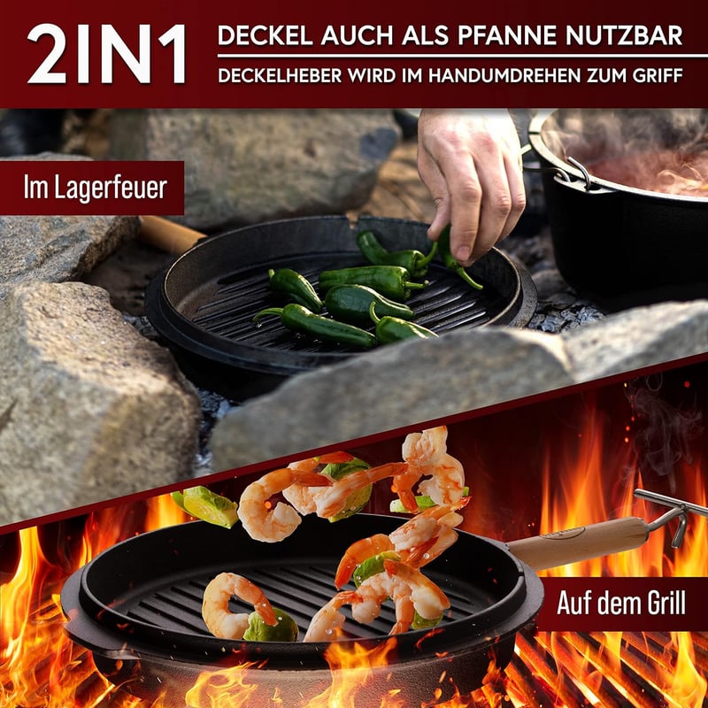 Gusskönig 12L Öntöttvas Dutch Oven Készlet - Láb Nélküli Tűzálló Edény Dupla Funkcióval - Fedélemelővel, Kefével és Receptkönyvvel - 8-10 Sz
