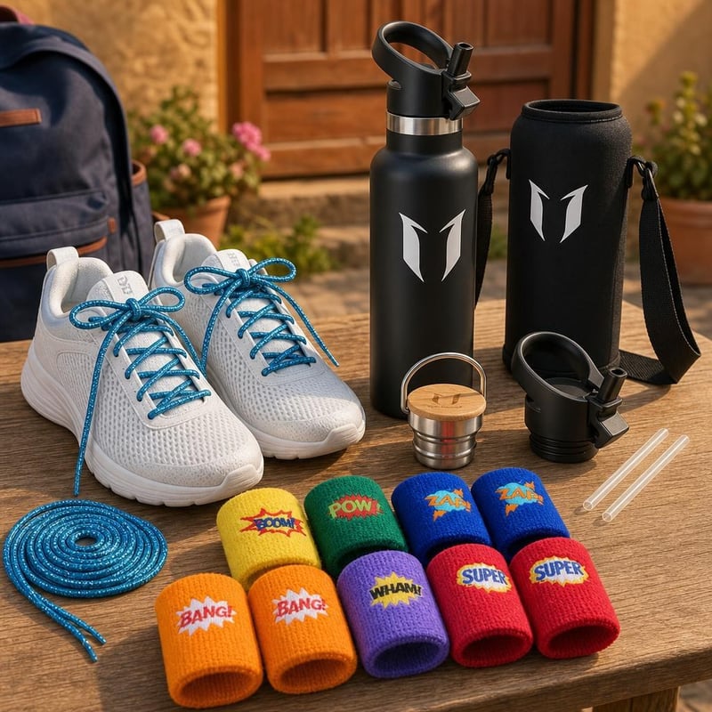 Neon školski sportski set: 2 para sjajnih vezica + 24 frotir narukvice + dječja boca od 500 ml
